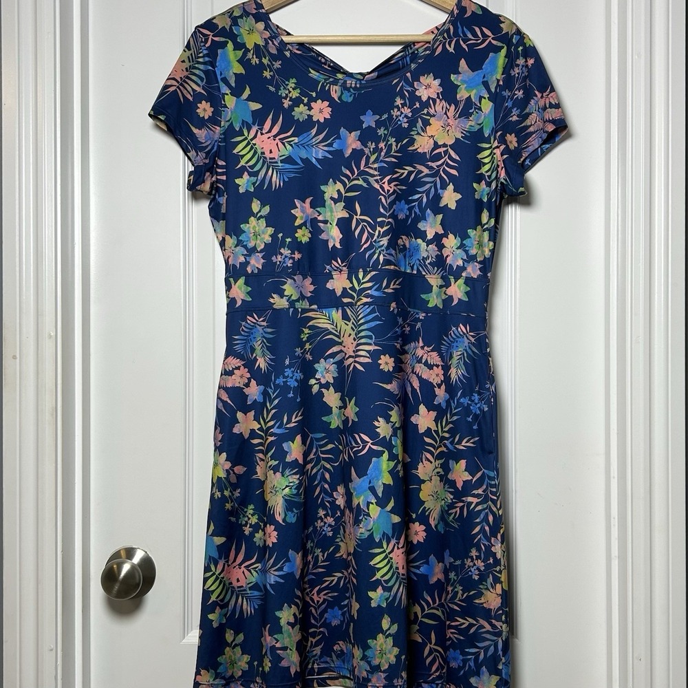 Reel Legends Navy Tropical Floral Crisscross Back Fit & Flare Performance‎ Dress